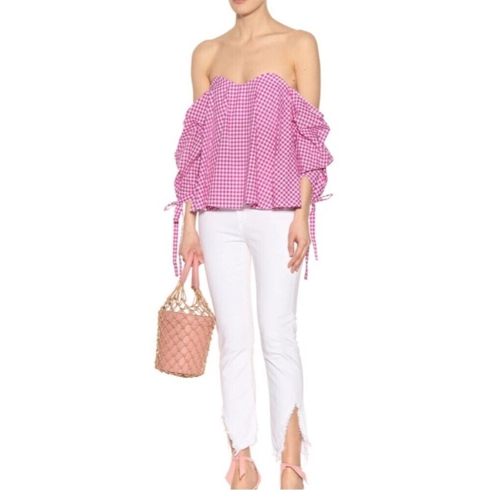 Caroline Constas Gabriella Pink White Gingham Off The Shoulder Top Small
